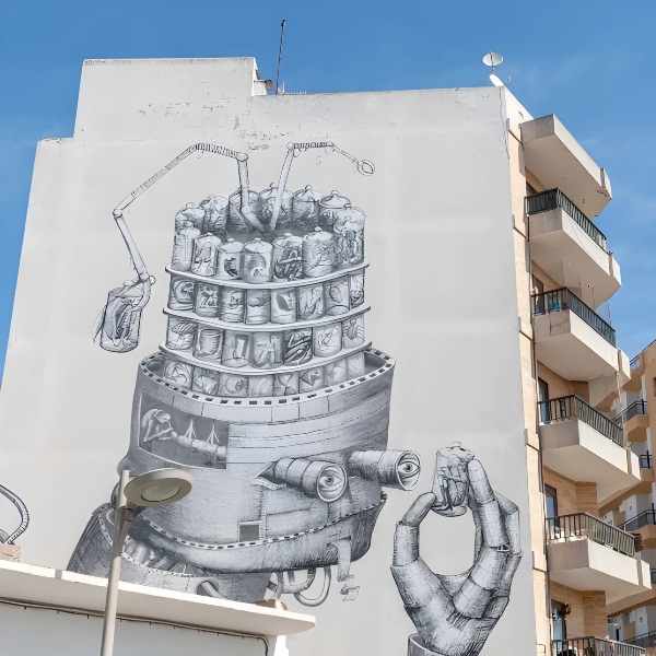 Grafiti en la fachada lateral de un edificio de San Antonio, Ibiza (Eivissa)