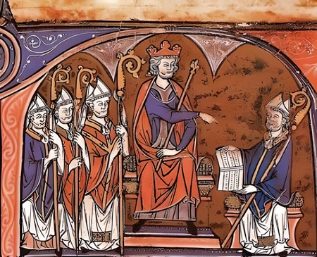 Jaime I recibiendo del obispo Vidal de Canellas el manuscrito con la compilación de los Fueros de Aragón