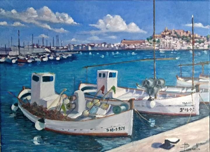 Pinturas de Vicent Planells: llauts en muelle pescadores