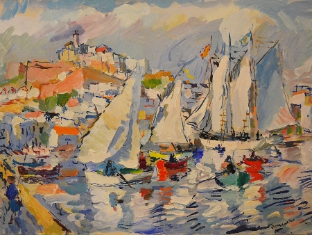 Antoni Pomar: pintura barcos en Puerto de Ibiza, Murallas y Catedral al fondo